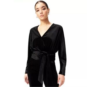 Good American Velvet Deep V Neck Long Sleeve Belted Blouse Black Size 2 / Size M